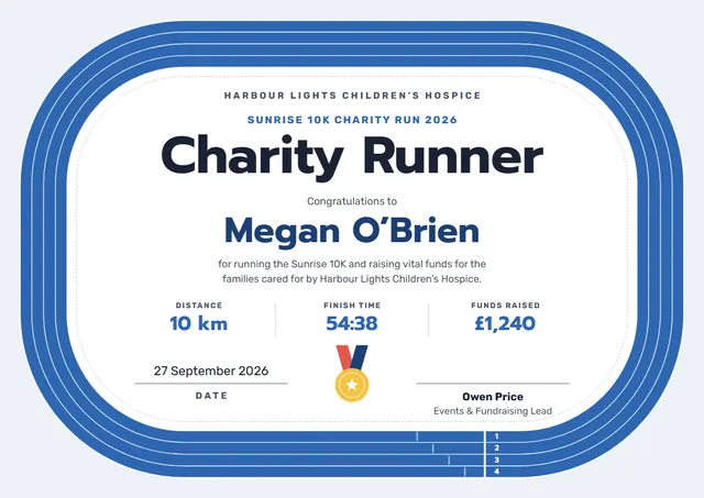 Steel Blue Medal Charity Run Certificate template, A4 landscape, in steel blue