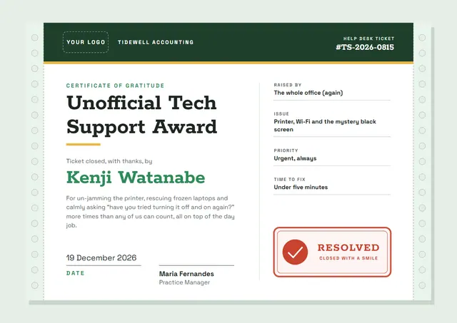 Forest Green Orbit Unofficial Tech Support Award template, A4 landscape, in forest green