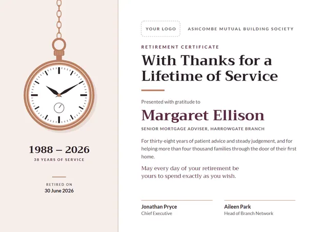 Plum Crown Retirement Certificate template, A4 landscape, in plum