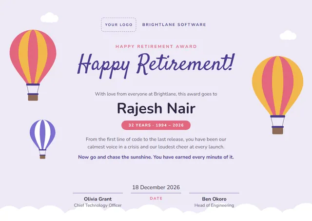 Slate Cloud Happy Retirement Award template, A4 landscape, in slate grey