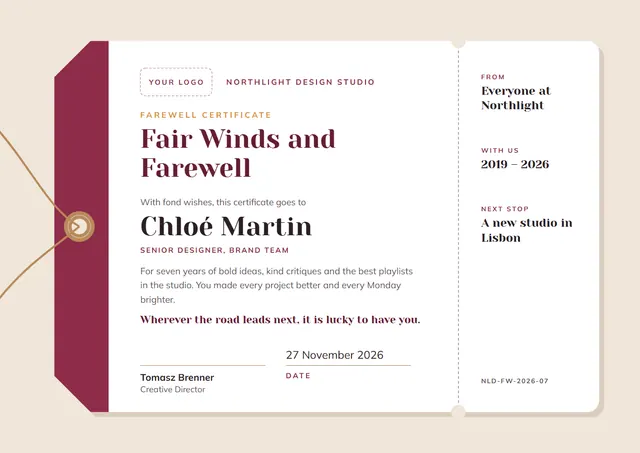 Pink Ticket Farewell Certificate template, A4 landscape, in pink