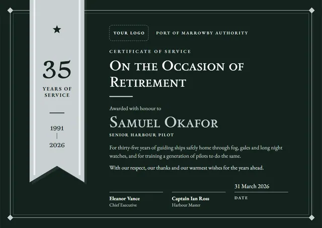 Forest Green Ribbon Certificate of Service on Retirement template, A4 landscape, in forest green
