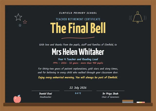 Bronze Starry Teacher Retirement Certificate template, A4 landscape, in bronze