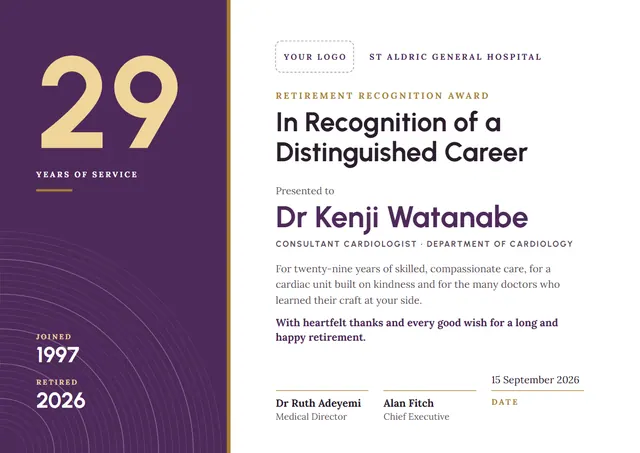 Plum Banded Retirement Recognition Award template, A4 landscape, in plum