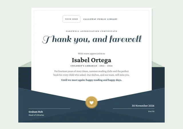 Navy Seal Farewell Appreciation Certificate template, A4 landscape, in navy