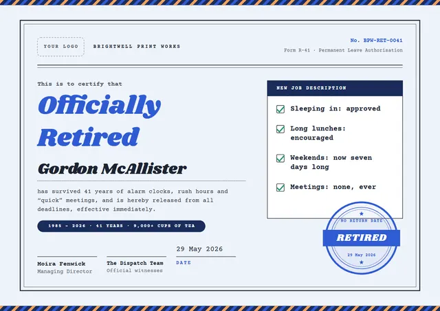 Royal Blue Starry Officially Retired Certificate template, A4 landscape, in royal blue