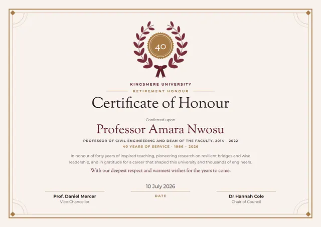 Bronze Laurel Retirement Honour Certificate template, A4 landscape, in bronze