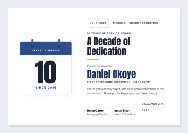 Navy Ticket 10 Years of Service Award template, A4 landscape, in navy