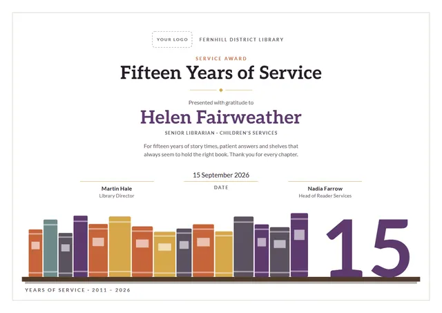 Plum Bookish 15 Years of Service Award template, A4 landscape, in plum