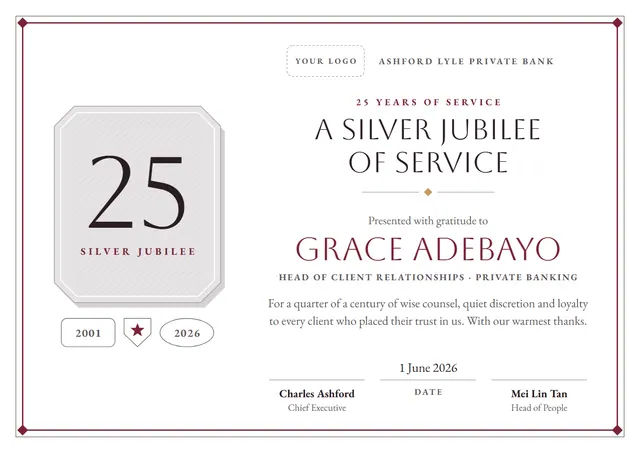 Burgundy Starry 25 Years of Service Award template, A4 landscape, in burgundy