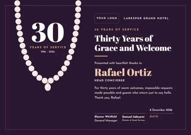Plum Bordered 30 Years of Service Award template, A4 landscape, in plum
