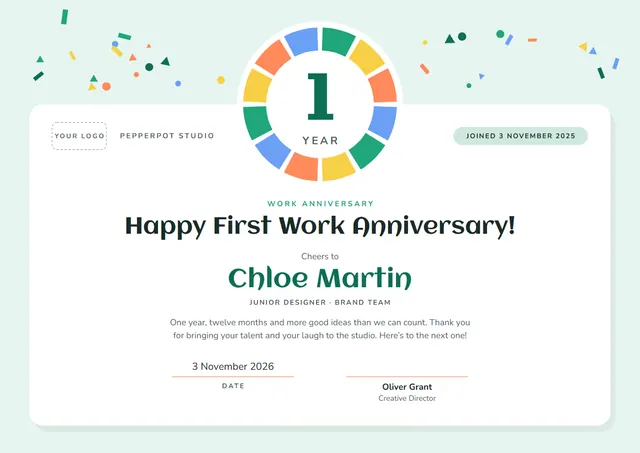 Teal Confetti 1 Year Work Anniversary Certificate template, A4 landscape, in teal