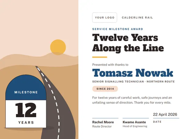 Gold Sunburst Service Milestone Award template, A4 landscape, in gold