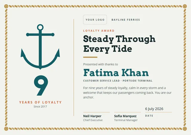 Teal Crown Loyalty Award template, A4 landscape, in teal