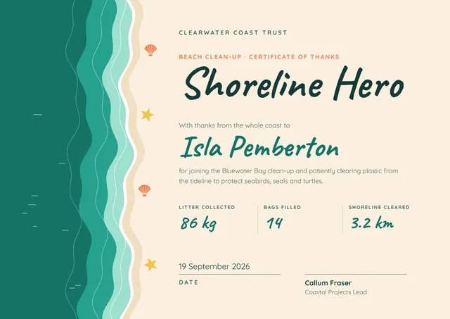 Teal Starry Beach Clean-up Certificate template, A4 landscape, in teal