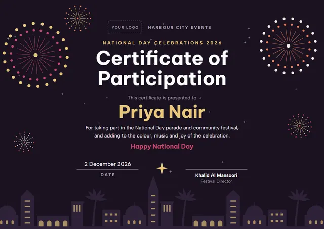Black Sunburst National Day Participation Certificate template, A4 landscape, in black