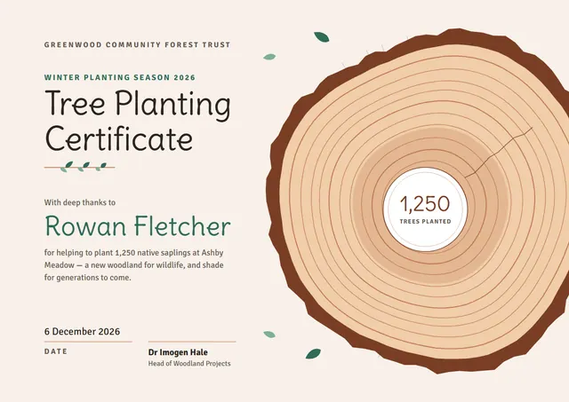 Chocolate Leafy Tree Planting Certificate template, A4 landscape, in chocolate