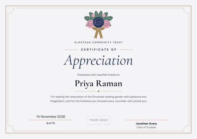 Navy Ribbon Certificate of Appreciation template, A4 landscape, in navy