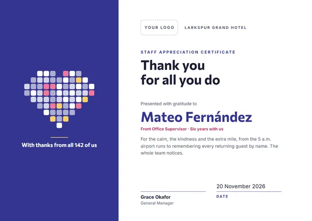 Slate Heart Staff Appreciation Certificate template, A4 landscape, in slate grey