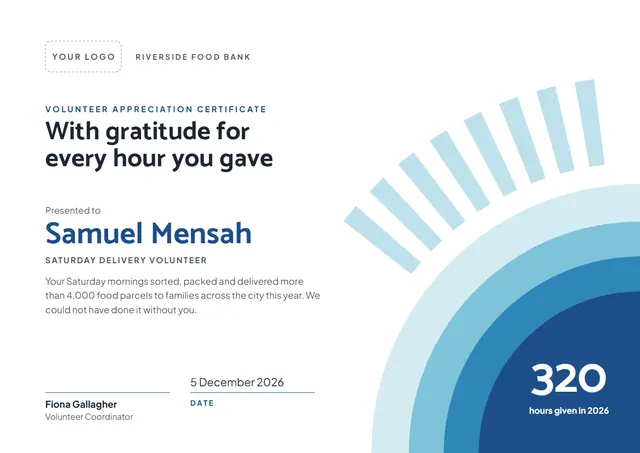 Sky Blue Sunburst Volunteer Appreciation Certificate template, A4 landscape, in sky blue