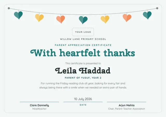 Teal Heart Parent Appreciation Certificate template, A4 landscape, in teal