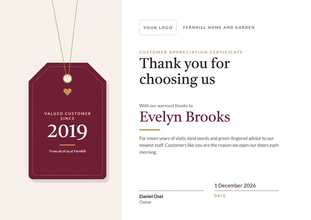Burgundy Heart Customer Appreciation Certificate template, A4 landscape, in burgundy