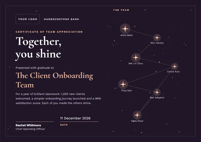 Black Starry Team Appreciation Certificate template, A4 landscape, in black