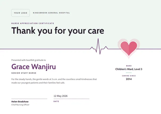 Plum Heart Nurse Appreciation Certificate template, A4 landscape, in plum
