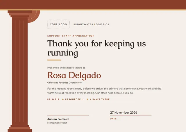 Brick Red Banded Support Staff Appreciation Certificate template, A4 landscape, in brick red