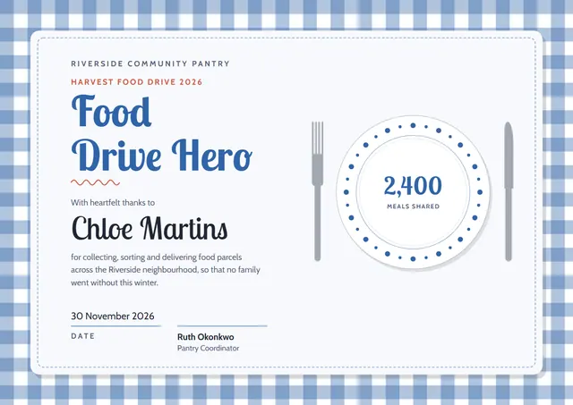 Steel Blue Banded Food Drive Certificate template, A4 landscape, in steel blue