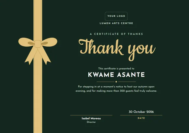 Forest Green Ribbon Thank-You Certificate template, A4 landscape, in forest green