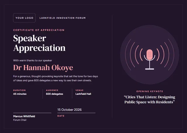 Black Wave Speaker Appreciation Certificate template, A4 landscape, in black
