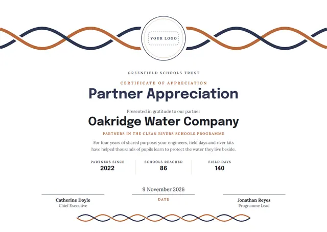 Copper Modern Partner Appreciation Certificate template, A4 landscape, in copper