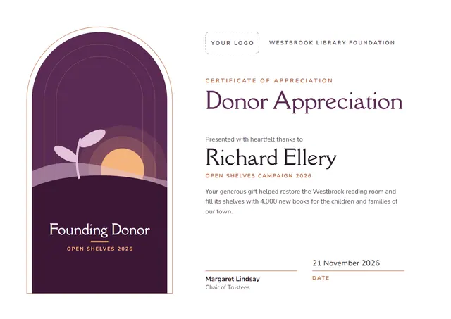 Plum Sunburst Donor Appreciation Certificate template, A4 landscape, in plum