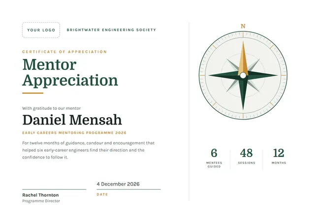 Forest Green Globe Mentor Appreciation Certificate template, A4 landscape, in forest green