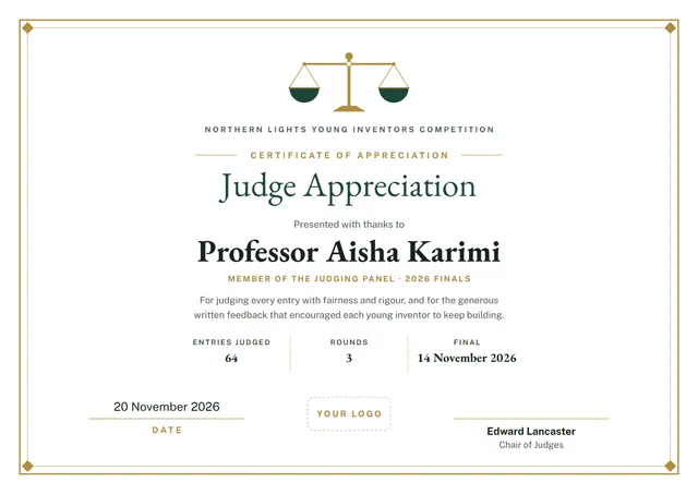 Copper Ornate Judge Appreciation Certificate template, A4 landscape, in copper