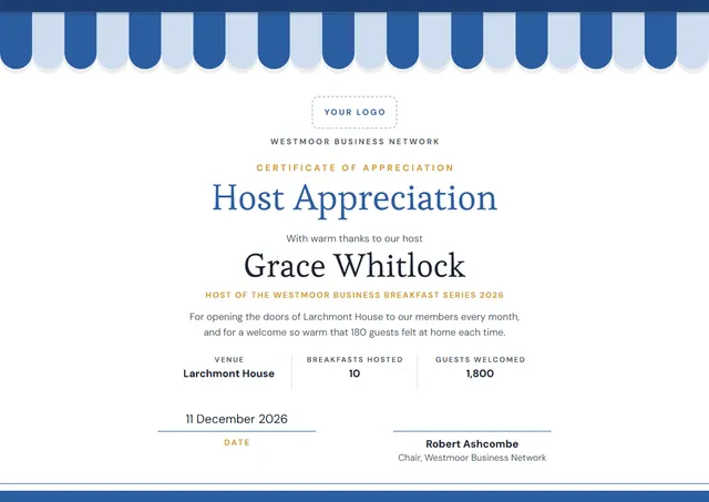 Steel Blue Banded Host Appreciation Certificate template, A4 landscape, in steel blue