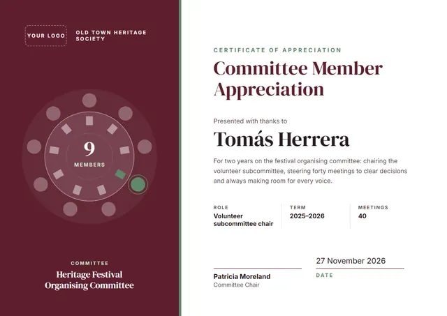 Burgundy Wave Committee Member Appreciation Certificate template, A4 landscape, in burgundy