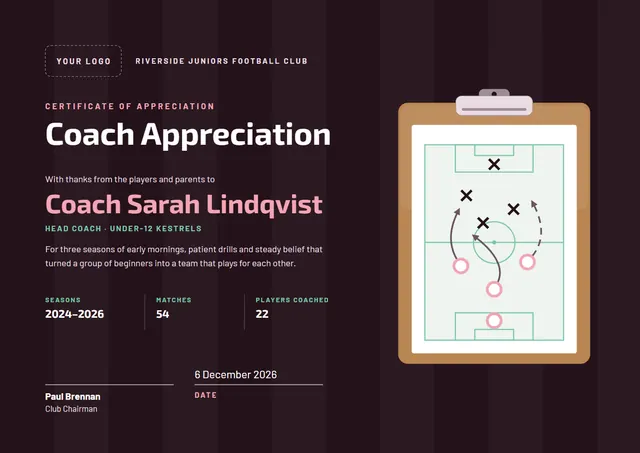 Black Banded Coach Appreciation Certificate template, A4 landscape, in black
