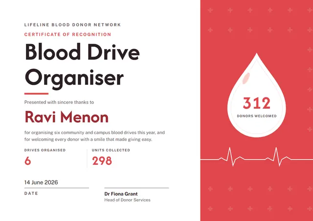 Red Heart Blood Drive Organiser Certificate template, A4 landscape, in red