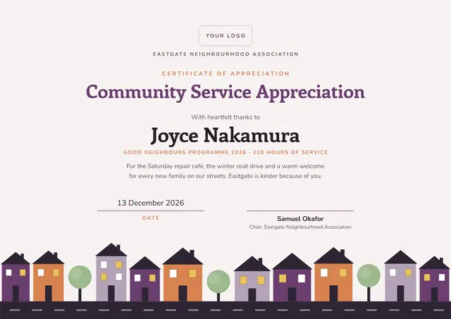 Plum Crown Community Service Appreciation Certificate template, A4 landscape, in plum