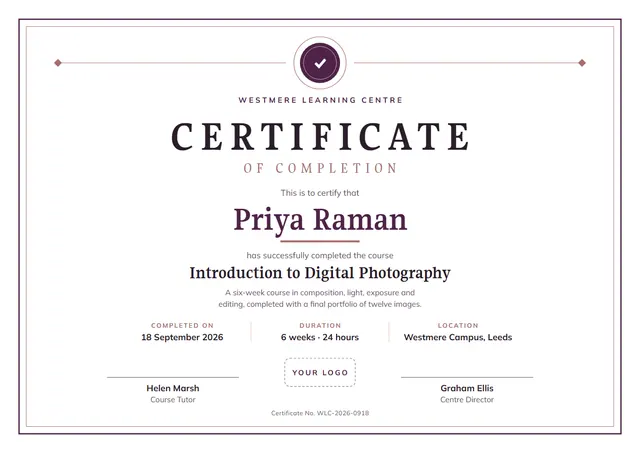 Plum Medal Certificate of Completion template, A4 landscape, in plum