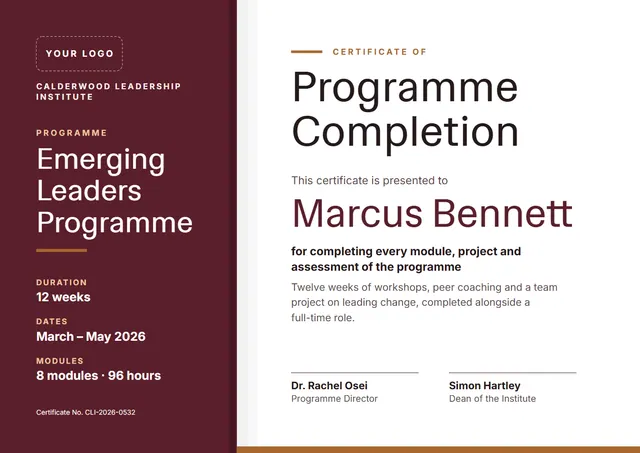 Burgundy Banded Programme Completion Certificate template, A4 landscape, in burgundy