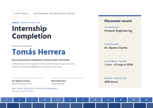 Steel Blue Modern Internship Completion Certificate template, A4 landscape, in steel blue