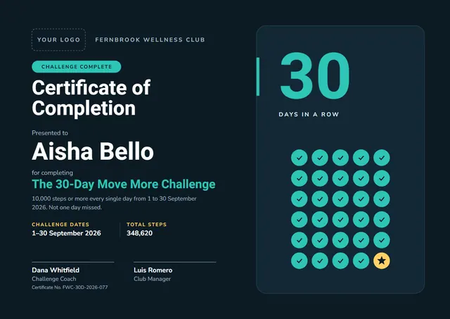 Modern Midnight Starry Challenge Completion Certificate template, A4 landscape, in midnight blue