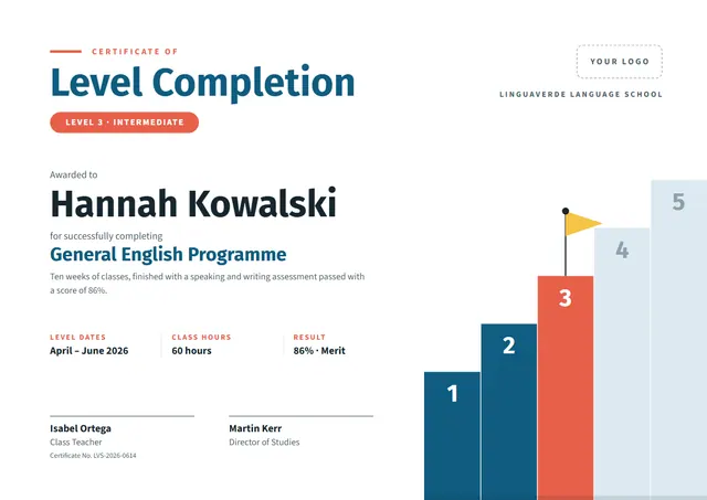 Ocean Blue Pennant Level Completion Certificate template, A4 landscape, in ocean blue