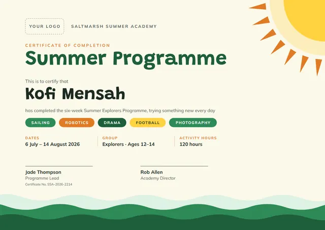 Emerald Sunburst Summer Programme Completion Certificate template, A4 landscape, in emerald