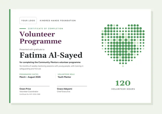 Sage Heart Volunteer Programme Completion Certificate template, A4 landscape, in sage