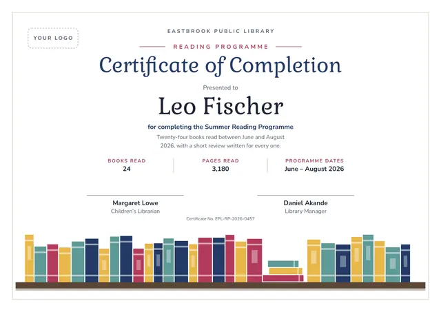 Navy Bookish Reading Programme Completion Certificate template, A4 landscape, in navy
