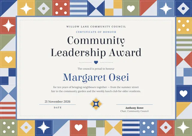 Steel Blue Starry Community Leadership Award template, A4 landscape, in steel blue